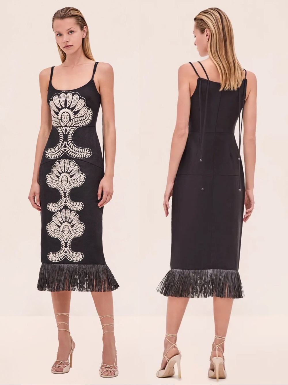 ALEXIS Naturi Embroidered Raffia Trim Midi Dress Black NEW with tags